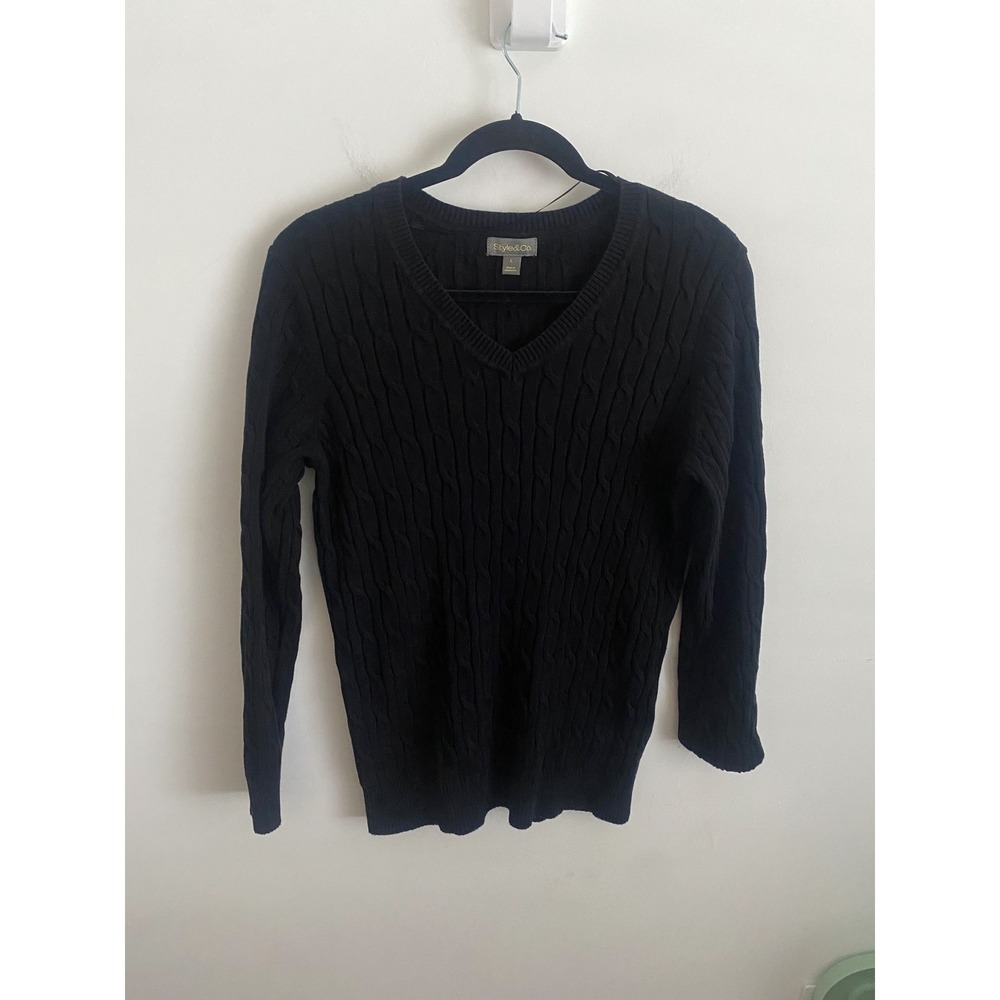 Style & Co Womens Black Cable Knit V-Neck 100% Cotton Sweater Size Large L‎